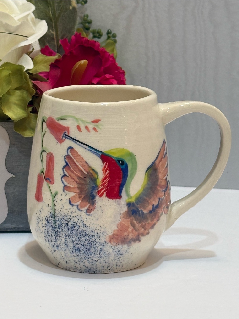 Vintage Marlene Huntsinger Hand Painted Hummingbird Ceramic Pottery Coffee Mug